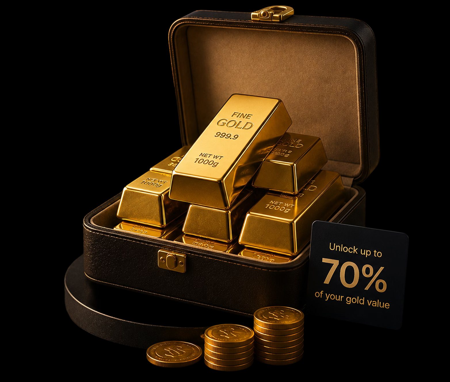 An open briefcase filled with gold bars beside a tag reading “Unlock up to 70% of your gold value”