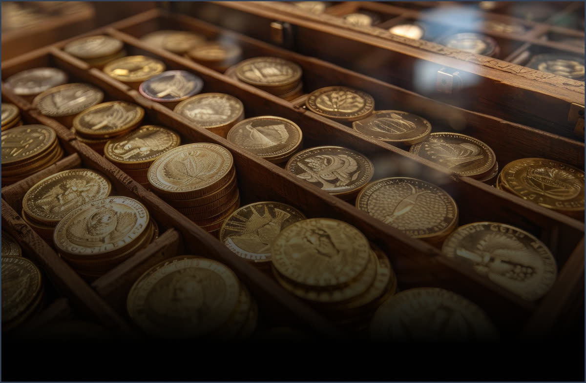 A collection of numismatic gold coins in a display case
