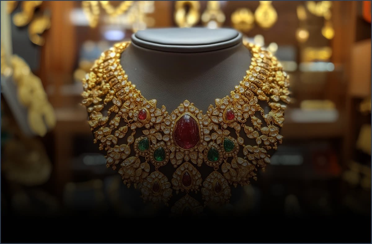 An ornate gold bridal necklace set with red and green gemstones